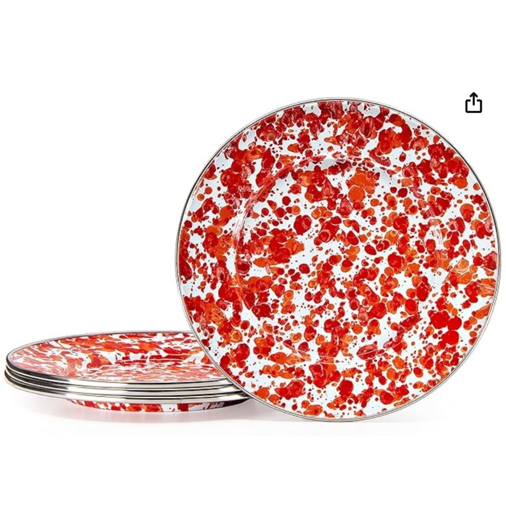 Golden Rabbit Enamelware Sunset Splatter Plates 12.5‎ Inch 4 Red White Charger